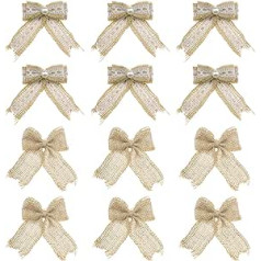 12 Pieces Burlap Bow with White Lace and Beads Decoration 2 Styles for DIY Crafts Packaging Party Wedding Indoor Outdoor Decoration