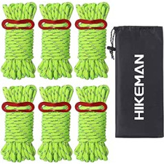 Hikeman Heavy Duty Camping Rope - 6 Pack 5mm Outdoor Reflective Guy Lines with Tensioner Adjuster, Strong Nylon Cord for Large Tent, Large Tarpaulin, Canopy, Tie Down Straps (Fluorescent Green)