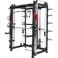 GORILLA SPORTS® Power Rack - ar pievilkšanos, airēšanu, iegremdēšanas staciju, bicepsa/tricepsa satvērienu, stieņa un svara plāksnes turētāju, regulējamu, tērauda multipreses, Smith trenažieri, daudzfunkciju zāle, spēka būris