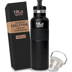 HiLo sporta 600 ml velosipēda pudele ar nerūsējošā tērauda izolāciju - plastmasas pudeļu turētājam - [ar pulvera pārklājumu nerūsējošais tērauds] - velosipēda ūdens pudele ar 2 vāciņiem - termovelosipēdu pudele (melna)