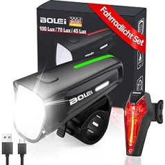 BOLEi LED Bicycle Light Set 100 LUX | StVZO Approved Bicycle Light | Bicycle Light USB Rechargeable | IPX5 Waterproof Bicycle Lights | Low Battery Prompt | Front and Rear Light Set