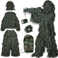 PELLOR 3D Ghillie maskēšanās kostīms, 6 taktiku medību apģērbu komplekts, snaipera tērps, maskēšanās lente, pašlīmējošs, atkārtoti lietojams apvalks, cepure medībām, kempings