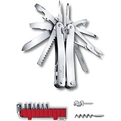 VICTORINOX Swiss Tool Spirit X Plus 35 funkciju šveicē ražots daudzfunkciju rīks ar bloķējošo asmeni, sudraba ādas apvalku