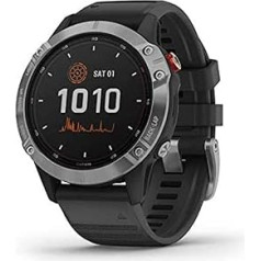 Garmin 010-N2410-00 Fenix 6 Saules GPS multisporta viedpulkstenis ar saules uzlādes funkciju līdz 16 dienām, 1,3 collu displejs un daudzas iepriekš instalētas sporta lietotnes, (atjaunots), melns/sudrabs, M