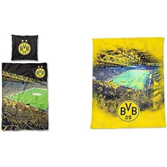 Borussia Dortmund, BVB gultas veļa South Tribune, daudzkrāsains, 1 gabals, 135 x 200 cm un BVB flīsa sega ar stadiona apdruku, 150 x 200 cm