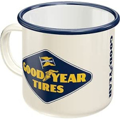 Nostalgic-Art Retro emaljas krūze 360 ml Goodyear - Logotips balts - Dāvanas ideja motoru faniem Kempinga krūze Vintage dizains