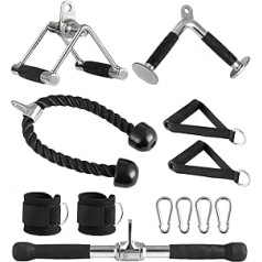 Elevens Triceps Pull Cable Machine Attachments for Home Gym, 7 Piece Set, Multi Option, V-Handle with Rotation, Rotating Straight Bar, V-shaped Bar, Triceps Rope, Ankle Strap, Chrome