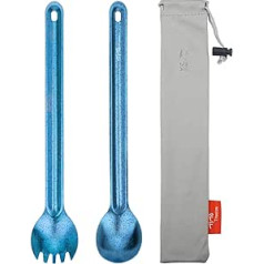 Titan Camping galda piederumi Spork/karote, āra titāna karote un Spork ar garu rokturi, pārnēsājami īpaši vieglie galda piederumi, atkārtoti lietojami piknikam ar uzglabāšanas somu, mugursoma