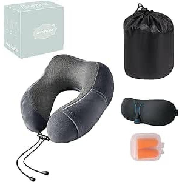 SANON Travel Neck Pillow, Memory Foam, Neck and Pillow, Travel Pillow Set with Sleep Earplugs for Airplane, Car, Office, Sleeping Support