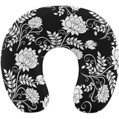 Chin Support Neck Pillow, Compatible with Black and White Flowers, Memory Foam Travel Pillow with Breathable Zip Cover, Machine Washable Sleeping Pillow for Airplane Travel and