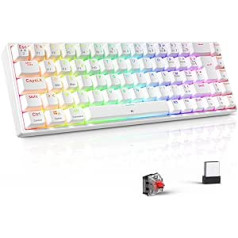 TECURS Gmaer TKL tastatūra 65% mehāniskā tastatūra, uzlādējama/vairāku ierīču/RGB fona apgaismojums, pret spoku veidošanās, 68 taustiņi, Bluetooth savienojums/2.4G/C tips, sarkana operētājsistēmai Windows/Mac, balta