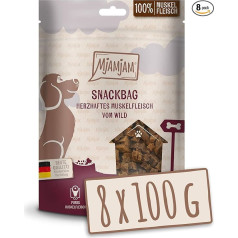 MjAMjAM - Premium Dog Snack - uzkodu maisiņš Sātīga savvaļas muskuļu gaļa bez graudaugiem, monoproteīns 8 x 100 g 452058