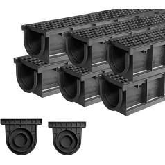 NATOTELA 6 drenāžas kanālu komplekts (6 m) ar pamatnes režģi, izgatavots no HDPE ar 1 pāru gala sienu grīdas kanāla A15 drenāžas kanāls 10 cm plats 10 cm augsts drenāžas sistēma, kopā 6 m dārzam, terases,