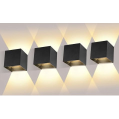 12W LED Wall Lights, Indoor/Outdoor Wall Lamp, Up and Down Adjustable Light Beam, 2700-3000K Warm White Outdoor LED Wall Light, IP65 Waterproof, Black, Pack of 4