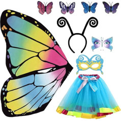 9 tauriņu kostīmu komplekts bērniem meitenēm, tauriņu spārnu kostīms bērniem, tauriņu apmetnis bērniem ar masku un svārkiem, izdomas tērpu kostīmi bērniem meitenēm ar sejas mākslas uzlīmi tauriņš