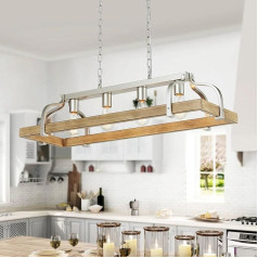 WUZUPS 4-Light Metal Pot Hanging Rack Chandelier Imitācijas gaisma Koka graudu lineārais piekaramais griestu apgaismojums Rustic Farmhouse Fixture Virtuves sala ēdamistaba H25 x L88 x W30, Niķelis