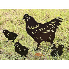 Chamixx 4 x Hühnerfamilienstatuen, Tierpfähle, Gartendekoration mit Metall-Silhouette für Bravo-Garten, ideale Dekoration für Hof, Rasen