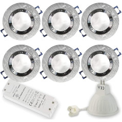 6 x LED recessed spotlights, silver, round, 5 watts, cool white, super flat, 12 V, MR16, suitable for bathroom, outdoor use, IP44, 60-70 mm bore hole, round spot