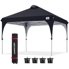 Abccanopy 2,5 x 2,5 m lapene Ūdensizturīga pop-Up dārza lapene Festivāls Saules aizsardzība Āra nojume Super kompakts nojume ar rulli pārnēsāšanas somu Bonus 4 x svara maisiņi, 4 x virves 4 x mieti, melns.