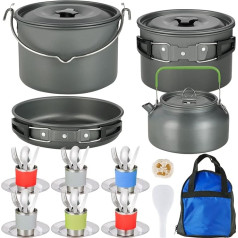 MEETSUN Camping Cookware Set, 37 Pieces, Large Hanging Pot, Pan, Kettle with Camping Cooking Set, Carry Bag for 6 People, Cups, Tableware, Forks, Spoons, Knives, Set for Outdoor, Camping,