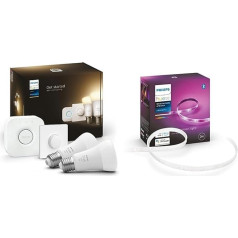 Philips Hue White E27 starta komplekts ar viedo pogu un Hue Bridge, 2 x 1055 lm un balta un krāsaina Amb. Lightstrip Plus 2 m bāze, 1600 lm, 16 miljoni krāsu