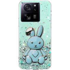 Rnrieyta Miagon Rabbit Stand Case Glitter for Xiaomi 13T Pro/13T, Cute Thin Crystal Protective Case Soft Bling Transparent Case Bumper with Heart Rabbit Holder Kick Stand