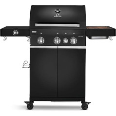 BURNHARD Fred Deluxe Black Series 3 3-kurtuvju gāzes grils, ieskaitot aizmugurējo degli, 900°C infrasarkano keramikas degli, sānu plīti, čuguna režģi, grila vāku, grila ratiņus un saliekamos sānu galdiņus