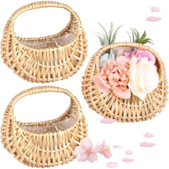 Rattan-Blumenkörbe, kleine halbmondförmige Weidenkörbe mit Griffen und Kunststofffutter für Hochzeit, handliche Weidenstrohkörbe für Heimdekoration, stabile Picknickkörbe, 3 Stück