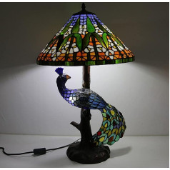 BOTOWI Lapu lampa Tiffany Lamp Vitrāžas lampa Galda lampa Galda lampa Lasāmā galda lampa 16 collu plats roku darbs Lapu abažūrs, krāsains Pāvs Izgaismota bāze dāvanai, 28 collu H, bambusa lapa