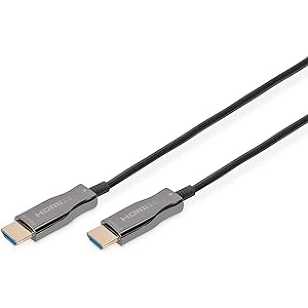 DIGITUS HDMI AOC hibrīda optiskās šķiedras kabelis - HDMI 2.0b - 20m - Ultra HD 4k/60Hz - Ethernet kanāls - HDR ARC HDCP 2.2 - saderīgs ar televizoru/projektoru/monitoru - apzeltīti kontakti - melni