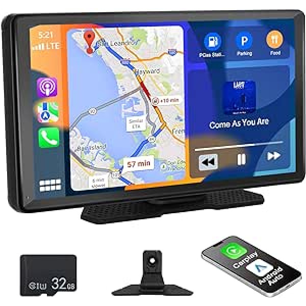 Podofo automašīnas radio ar bezvadu Apple CarPlay Android Car, 10,36 collu HD pārnēsājams automašīnas radio skārienekrāns atbalsta balss vadību, Bluetooth brīvroku zvanus, spoguļa saiti, GPS/FM/WiFi/AUX + 32G TF