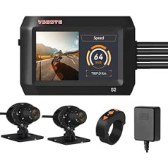 VSYSTO motocikla paneļu kamera, dubultā 1080P priekšējā un aizmugures skata kamera, 3 collu IPS ekrāns, 140° platleņķa WiFi GPS pilna korpusa ūdensizturīgs ar nakts redzamības stāvvietas uzraudzību