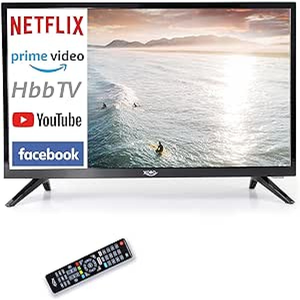 Xoro HTL 2477 60 cm (23,6 collas) SmartTV HD TV ar integrētu HD trīskāršu uztvērēju (DVB-S2/T2/C), HbbTV, H.265/HEVC dekodētāju un multivides atskaņotāju, 12 V līdzstrāvas, melna