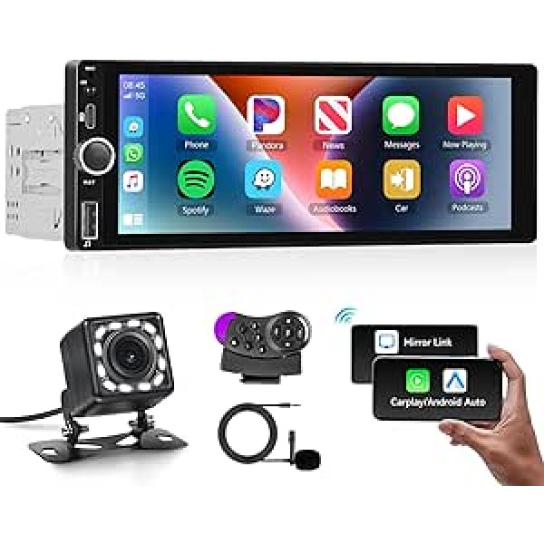 Hodozzy 1 DIN automašīnas radio ar bezvadu Apple CarPlay/Android Car, stereo Bluetooth brīvroku komplekts 1 DIN ekrāns 6,86 collu IPS skārienekrāns MirrorLink FM/EQ/AUX/USB/SWC/C tipa MP5 ar kameru