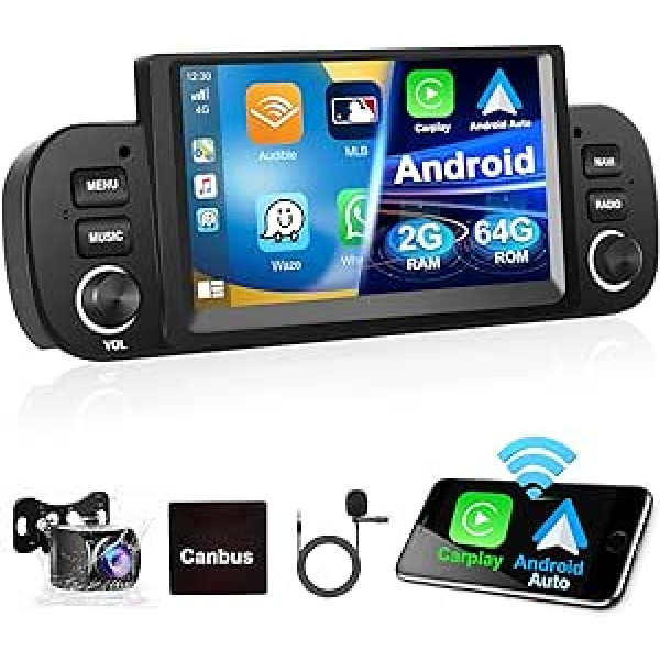 Podofo 2+64G automašīnas radio priekš Fiat Panda 2013-2020 ar bezvadu Apple Carplay Android automašīnas Bluetooth ekrānu, Android 13 multivides atskaņotāju ar GPS/WiFi/RDS/FM/SWC/USB+AHD/CVBS atpakaļgaitas kameru +