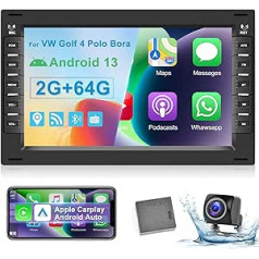 Podofo 2G + 64G 2Din Car Radio stereo priekš VW Golf 4 Bora Polo MK5 Sharan Jetta MK4 ar bezvadu Apple Carplay Android Car, 7 collu 2.5D HD skārienekrāna automašīnas radio ar Bluetooth, Navi, SWC + atpakaļgaita