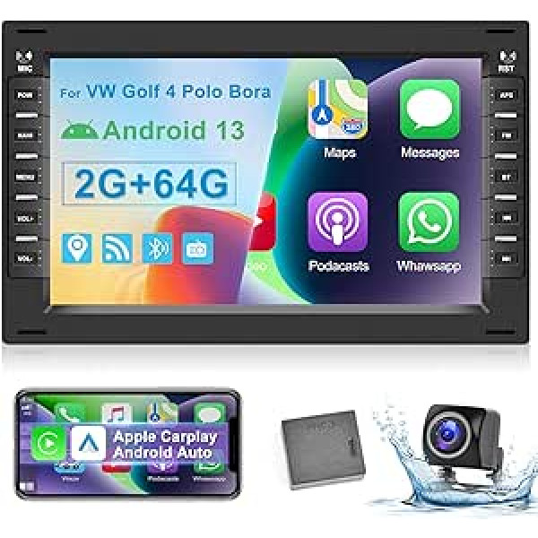 Podofo 2G + 64G 2Din Car Radio stereo priekš VW Golf 4 Bora Polo MK5 Sharan Jetta MK4 ar bezvadu Apple Carplay Android Car, 7 collu 2.5D HD skārienekrāna automašīnas radio ar Bluetooth, Navi, SWC + atpakaļgaita