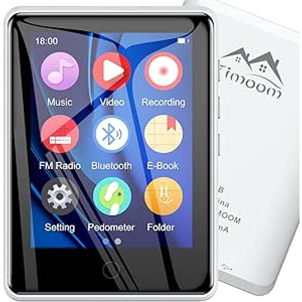 Timoom M6 MP3 atskaņotājs, Bluetooth, 2,8 collu skārienekrāns, 32 GB, sporta mūzikas atskaņotājs ar austiņām, skaļrunis, radio, e-grāmata, video, balss ierakstītājs, 16 stundu darbības laiks, balts