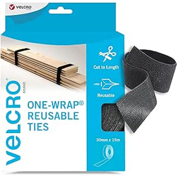 VELCRO zīmola viena aptinuma atkārtoti lietojamas kabeļu saites Daudzfunkcionālas kabeļu saites Perfect galda piederums kabeļu pārvaldībai un DIY Black 30 mm x 15 m