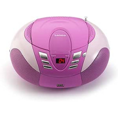 Lenco SCD-37 CD Player for Children, CD Radio, Stereo System, Boombox, FM Radio Tuner, USB Port, MP3, 2 x 1.5 W RMS Power, Mains and Battery Operated, Pink