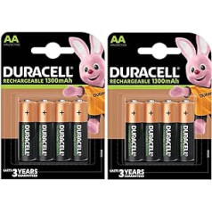 8 x Duracell AA Rechargeable 1300mAh (2 Blister Packs of 4 Batteries), 8 Rechargeable Batteries (HR6/DC1500)