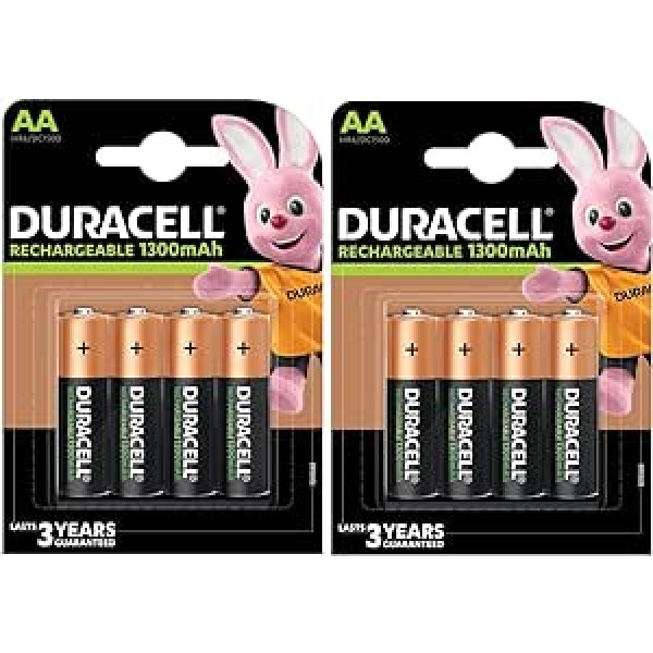 8 Duracell AA uzlādējami 1300 mAh (2 blisteriepakojumi ar 4 baterijām), 8 akumulatori (HR6/DC1500)