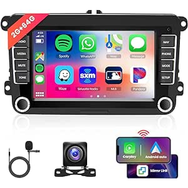 Hodozzy 2+64G Android automašīnas radio priekš VW Passat Golf Polo Caddy Bettle Touran Tiguan Jetta Seat Skoda, 2 DIN 7 collu skārienekrāns Carplay Android automašīnas ekrāna navigācija WiFi Bluetooth FM RDS radio HiFi