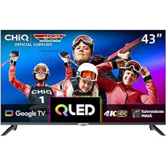 CHIQ TV U43QM8E QLED 43 collu viedtelevizors, 4K, Google TV, metāla rāmis, 16G zibspuldze, kvantu punktu krāsa, HDR10, HLG, DBX-TV, Google palīgs, Netflix, Bluetooth, Dolby Audio, trīskāršs uztvērējs