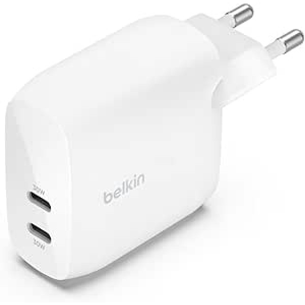 Belkin BoostCharge USB-C PD lādētājs ar 2 portiem un PPS 60 W priekš Apple iPhone, iPad, Samsung Galaxy, Google Pixel, saderīgs ar USB-C/Lightning kabeli un USB-C kabeli — balts