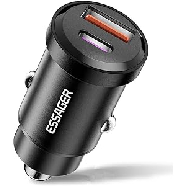 ESSAGER cigarešu šķiltavas USB-C un USB-A automašīnas lādētājs 30W PD3.0 un 30W QC3.0 automašīnas lādētājs alumīnija sakausējuma mini automašīnas lādētājs iPad13/12/11/XR/Xs, iPad Pro/Air 2/Mini, Galaxy utt. . (Iepakojumā 1)