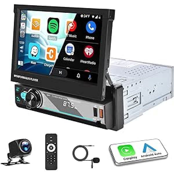 Automašīnas radio 1 DIN ar bezvadu Carplay Android automobili, 7 collu viena DIN izvelkama automašīnas stereo skārienekrāna displejs ar Bluetooth 5.1 spoguļa savienojumu FM/AM/USB/TF/AUX uzlāde SWC AHD atpakaļgaitas kamera + mikrofons