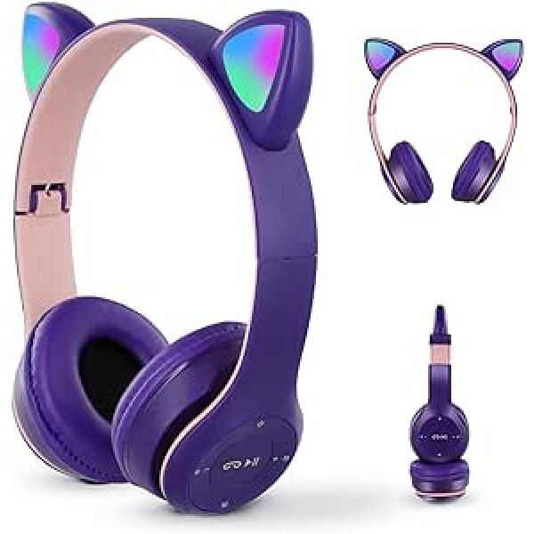 kieyeeno bērnu austiņas, Bluetooth 5.0 Over-Ear Cat Ears austiņas ar LED gaismu, SD kartes slotu un 3,5 mm atveri audio kabelim, salokāmas spēļu austiņas, kaķu ausis skolas ceļojumiem (violeta)