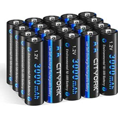 CITYORK AA įkraunamos baterijos, 20 vnt., didelės talpos 1,2 V NI-MH įkraunamos AA baterijos, 3000 mAh, mažai išsikrauna