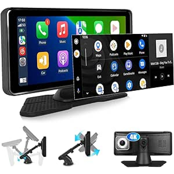 CAMECHO bezvadu Carplay un Android automašīna, 6,86 collu displejs, pārnēsājams ar 4K priekšējo kameru, atbalsta Bluetooth/FM raidītāju/AUX/AirPlay/Mirror Cast/DVR+64G TF karti